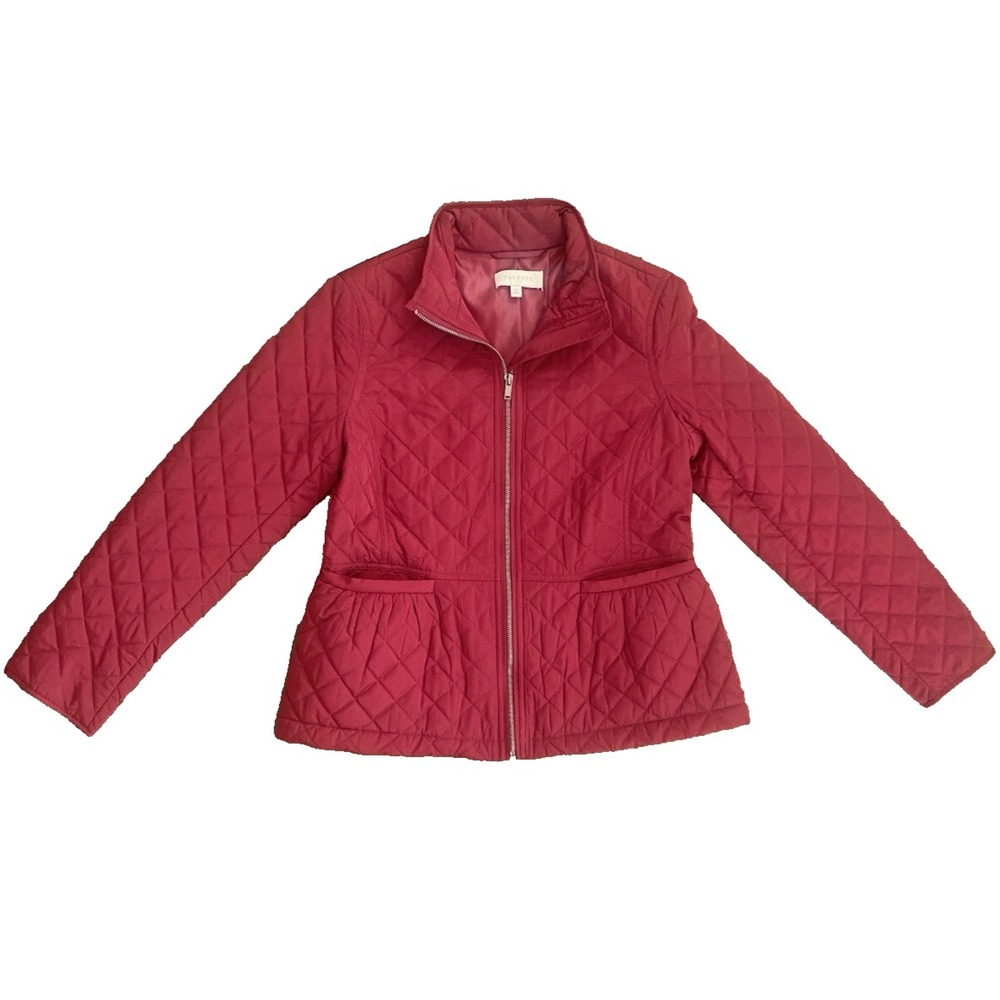 TALBOTS Womens Red Quilted Peplum Jacket Light Pockets Zip Size Small